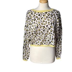 BRODIE Cashmere Crewneck Cropped Leopard Animal Print Sweater  Gray Yellow Small